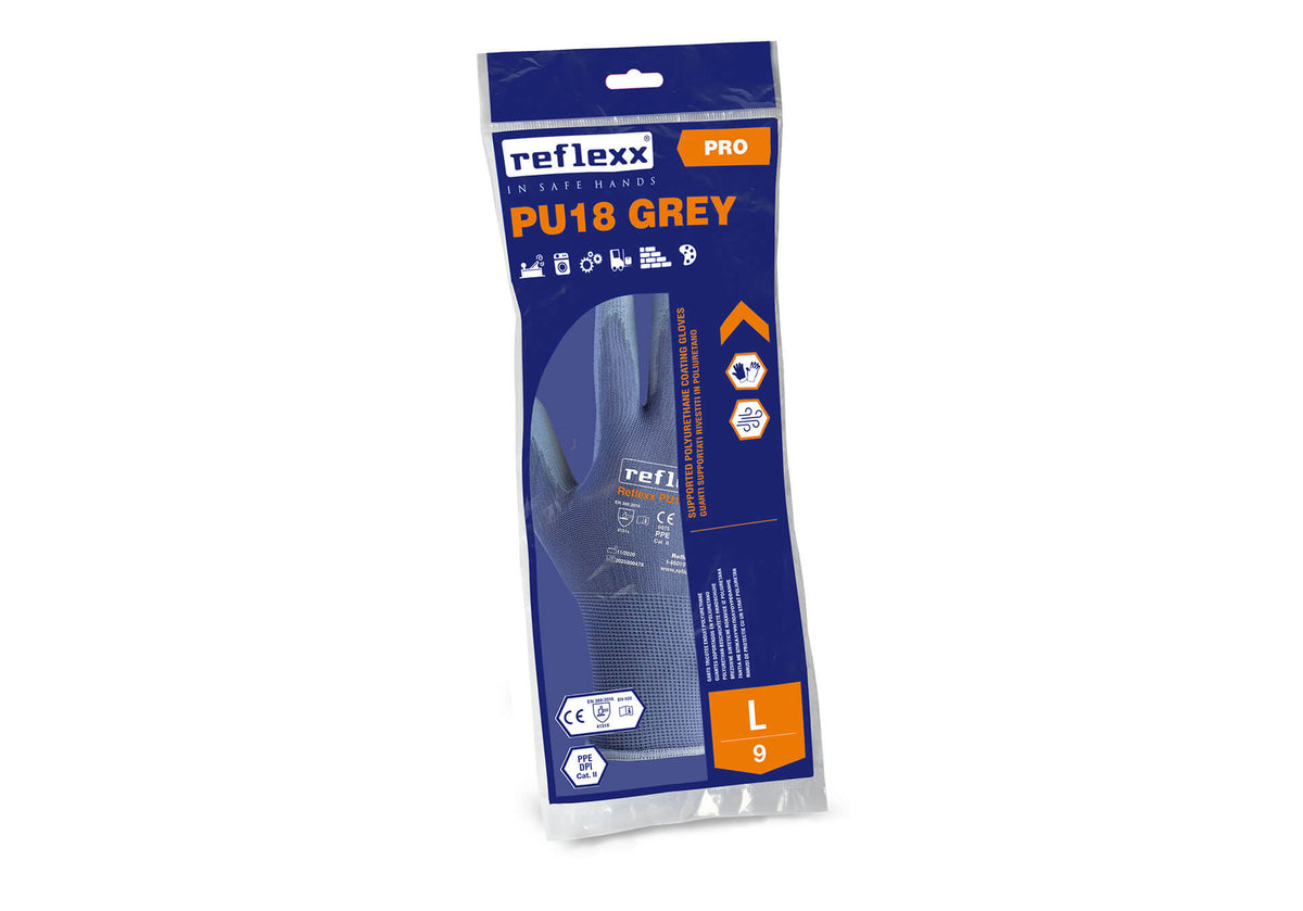 REFLEXX Guanti da lavoro Supportati In Poliuretano PU18 Black/Grey